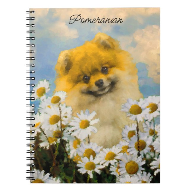 Pomeranian in Daisies Painting - Original Dog Art Notebook (Front)