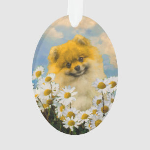 Pomeranian in Daisies Painting - Original Dog Art Ornament