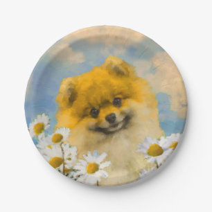 Pomeranian in Daisies Painting - Original Dog Art Paper Plate