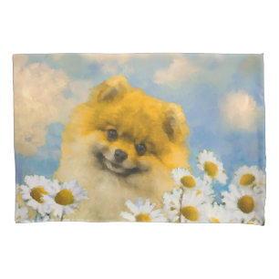 Pomeranian in Daisies Painting - Original Dog Art Pillowcase