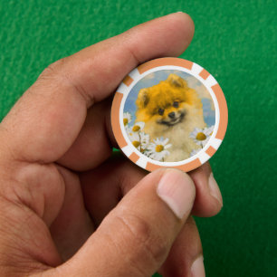 Pomeranian in Daisies Painting - Original Dog Art Poker Chips
