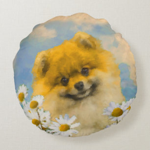Pomeranian in Daisies Painting - Original Dog Art Round Cushion