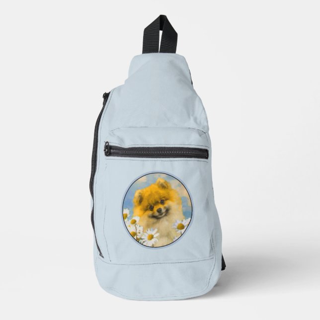 Pomeranian in Daisies Painting Original Dog Art Sling Bag (Front)