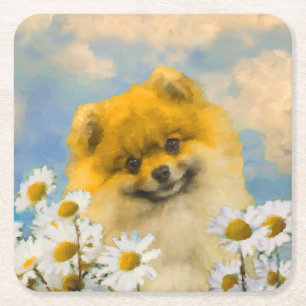 Pomeranian in Daisies Painting - Original Dog Art Square Paper Coaster