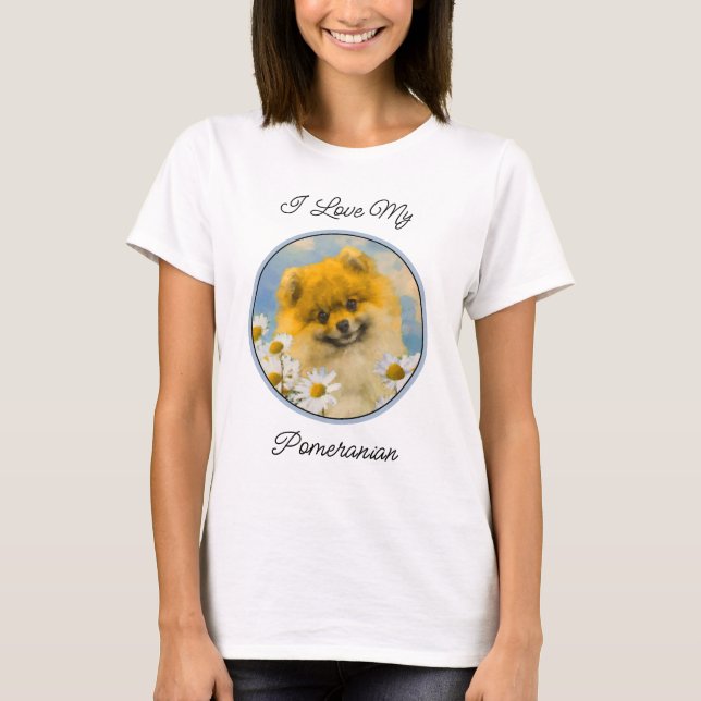 Pomeranian in Daisies Painting - Original Dog Art T-Shirt (Front)