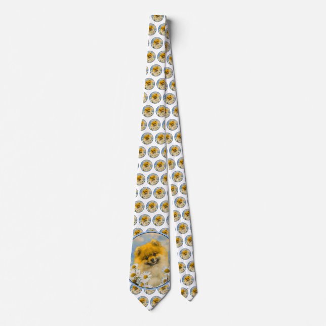 Pomeranian in Daisies Painting - Original Dog Art Tie (Front)