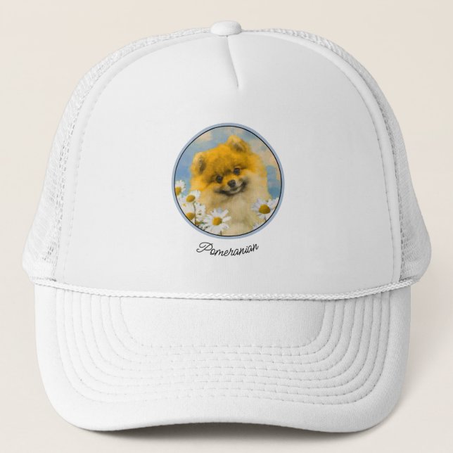 Pomeranian in Daisies Painting - Original Dog Art Trucker Hat (Front)