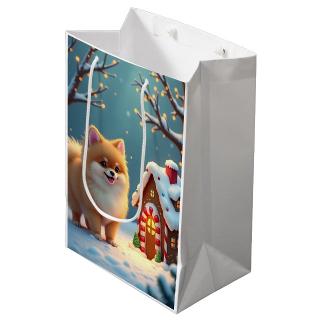 Pomeranian in Gingerbread Village Christmas Medium Gift Bag (Front Angled)