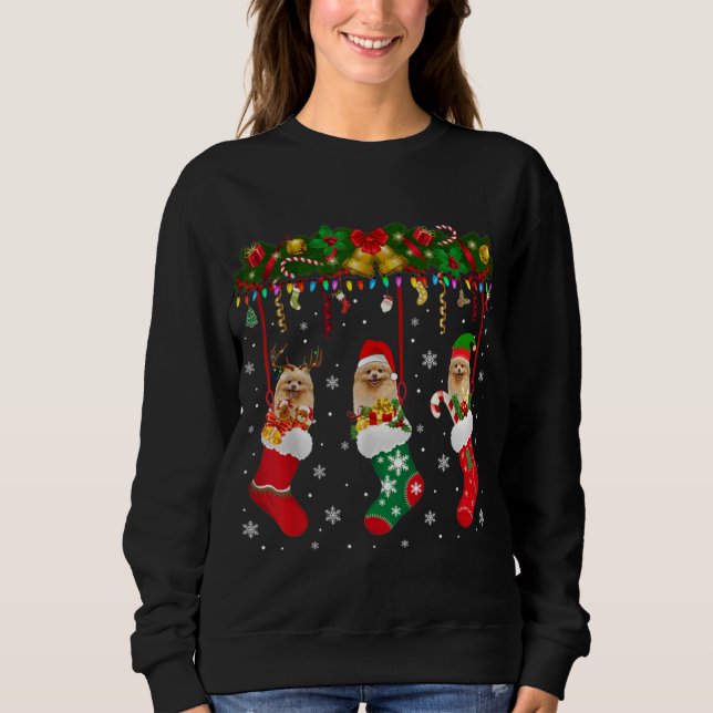Pomeranian In Sock Xmas Reindeer Santa ELF Dog Sweatshirt (Front)