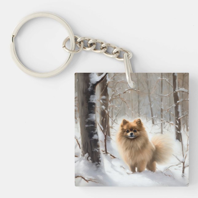 Pomeranian Let It Snow Christmas Key Ring (Front)