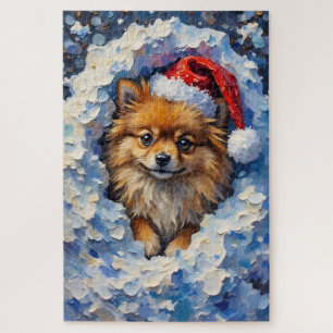 Pomeranian Lost in a Fluff of Christmas Snow Hat Jigsaw Puzzle