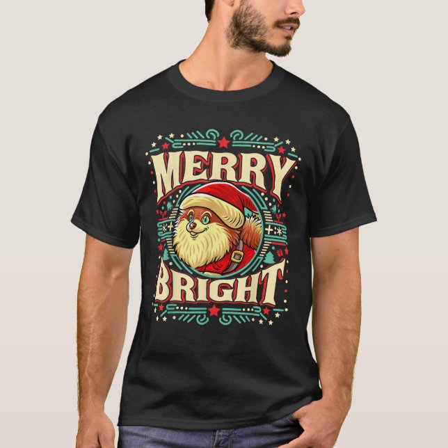 Pomeranian Merry Bright Christmas Santa Claus Dog  T-Shirt (Front)