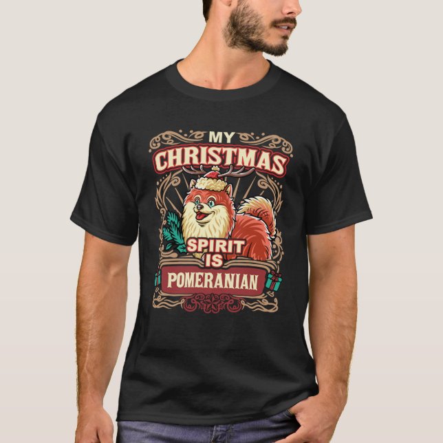 Pomeranian My Christmas Spirit Dog Santa Claus Elf T-Shirt (Front)