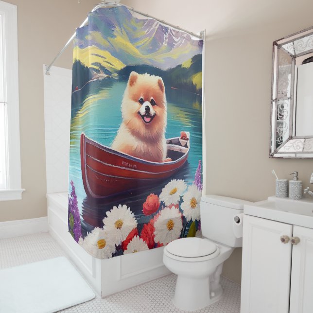 Pomeranian on a Paddle: A Scenic Adventure Shower Curtain (In Situ)