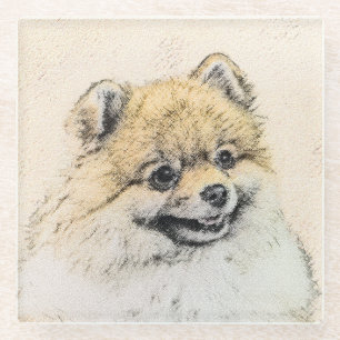 Pomeranian (Orange) Painting - Original Dog Art Glass Coaster