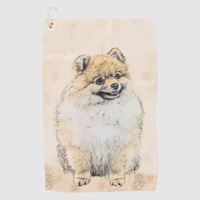 Pomeranian (Orange) Painting - Original Dog Art Golf Towel (Front)