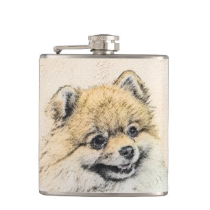 Pomeranian (Orange) Painting - Original Dog Art Hip Flask
