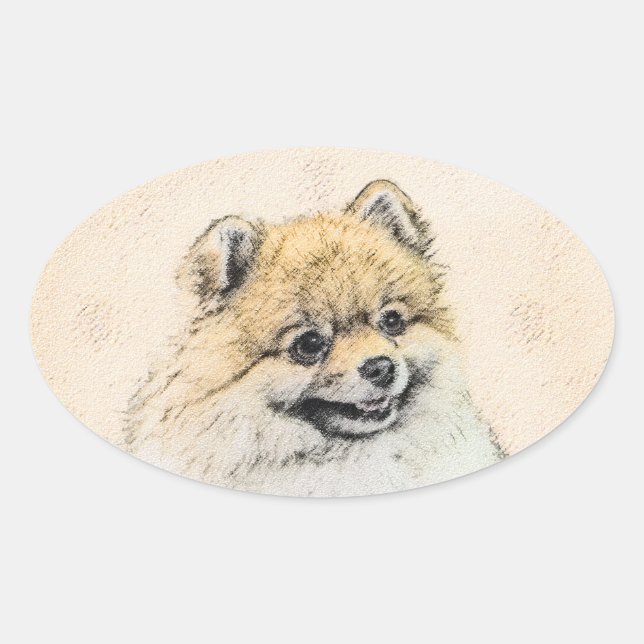 Pomeranian (Orange) Painting - Original Dog Art Oval Sticker (Front)