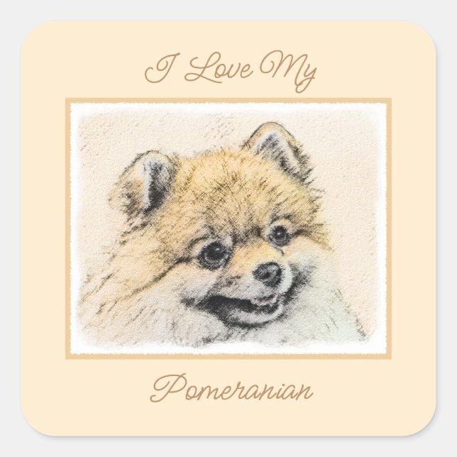 Pomeranian (Orange) Painting - Original Dog Art Sq Square Sticker (Front)