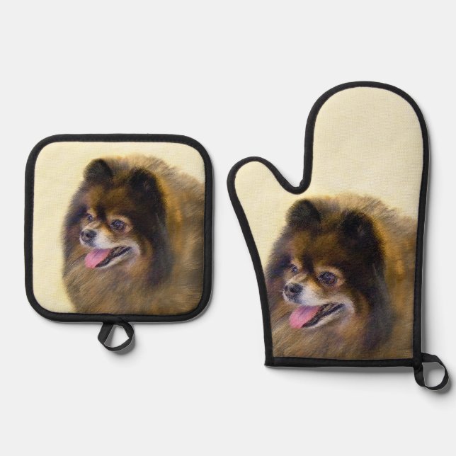 Pomeranian Painting Orange Sable Original Dog Art Oven Mitt & Pot Holder Set (Front)