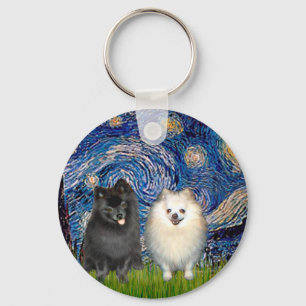 Pomeranian Pair (B+W)-Starry Night Key Ring