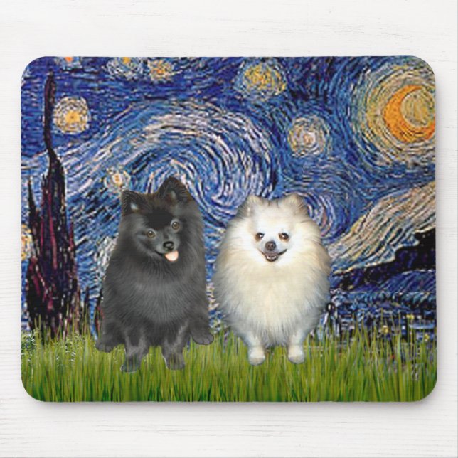Pomeranian Pair (B+W)-Starry Night Mouse Pad (Front)
