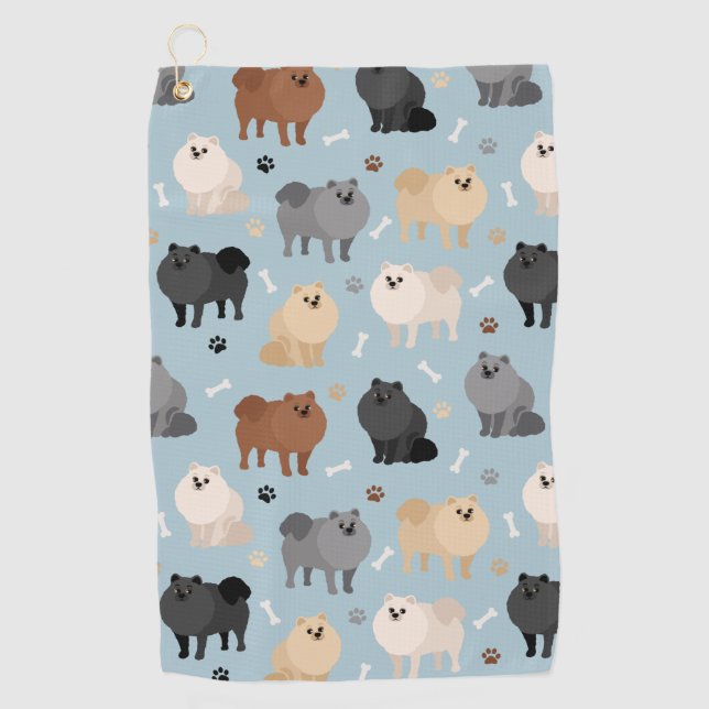 Pomeranian Paw-prints and Dog Bones Golf Towel (Front)