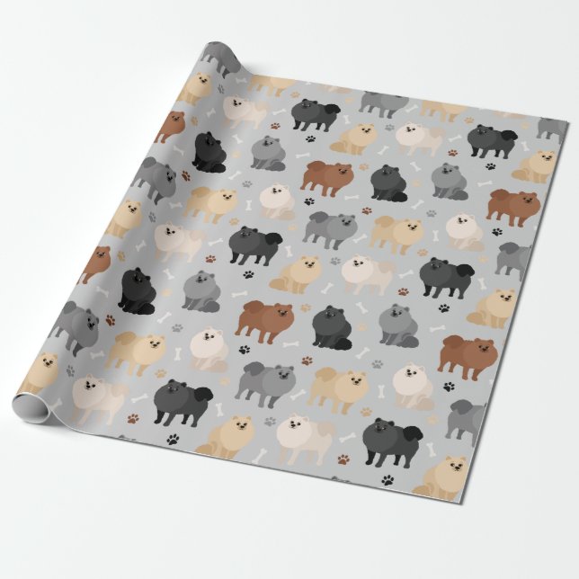 Pomeranian Paw-prints and Dog Bones Wrapping Paper (Unrolled)
