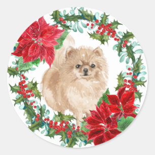 Pomeranian Poinsettia Holly Holiday Wreath Classic Round Sticker