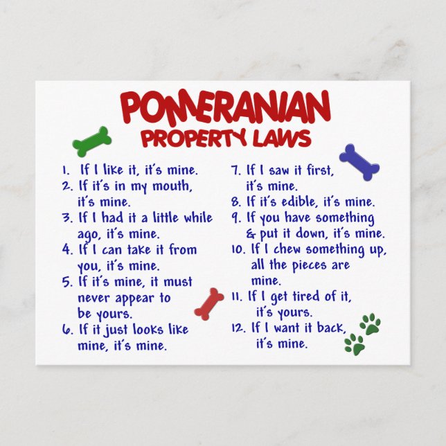 POMERANIAN Property Laws 2 Postcard (Front)