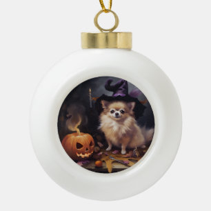 Pomeranian Pumpkins Halloween Scary Ceramic Ball Christmas Ornament