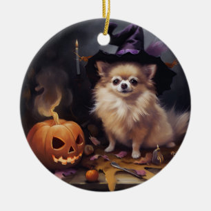Pomeranian Pumpkins Halloween Scary Ceramic Ornament