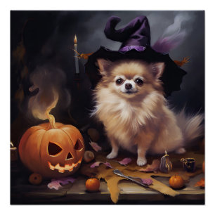 Pomeranian Pumpkins Halloween Scary Poster