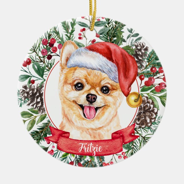 Pomeranian Pup Custom Dog Santa Christmas Ornament (Front)