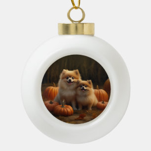 Pomeranian Puppy Autumn Delight Pumpkin Ceramic Ball Christmas Ornament