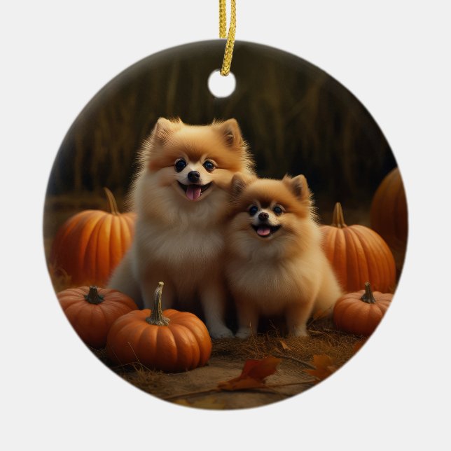Pomeranian Puppy Autumn Delight Pumpkin Ceramic Ornament (Front)