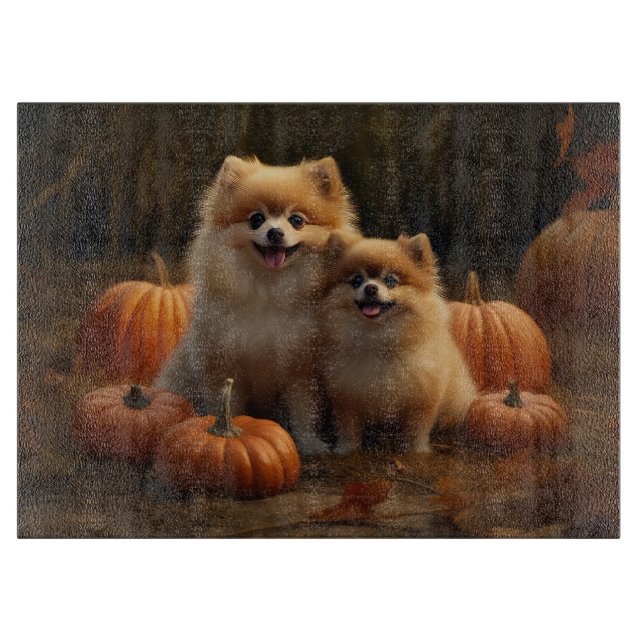 Pomeranian Puppy Autumn Delight Pumpkin Cutting Board (Front)