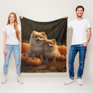 Pomeranian Puppy Autumn Delight Pumpkin Fleece Blanket