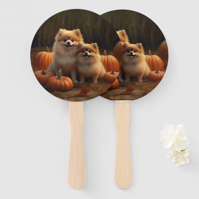 Pomeranian Puppy Autumn Delight Pumpkin Hand Fan (Front and Back)