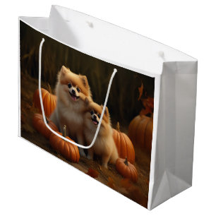 Pomeranian Puppy Autumn Delight Pumpkin Large Gift Bag
