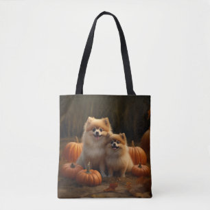 Pomeranian Puppy Autumn Delight Pumpkin Tote Bag