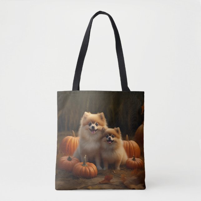 Pomeranian Puppy Autumn Delight Pumpkin Tote Bag (Front)