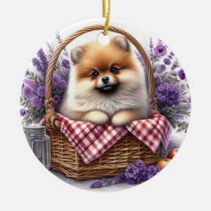Pomeranian Puppy Dog Watercolor Wildflower Picnic Ceramic Ornament