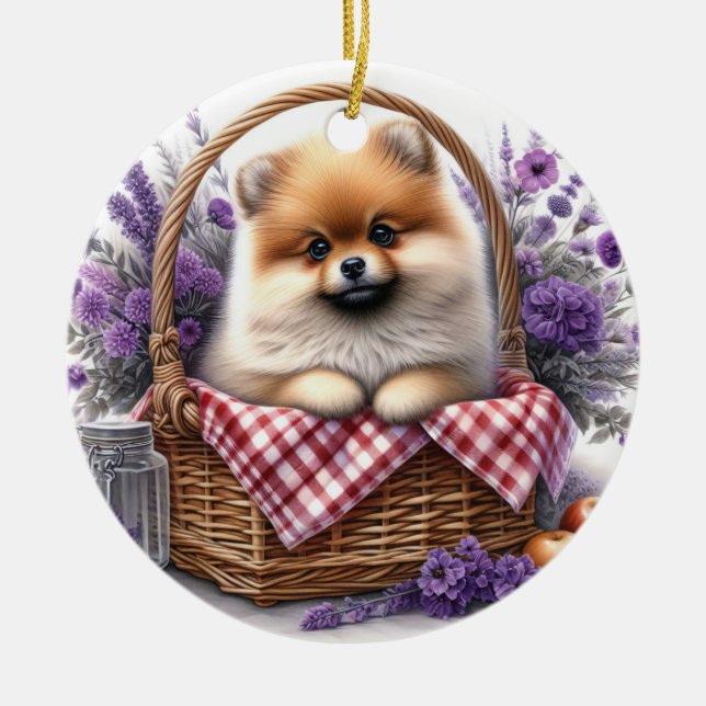 Pomeranian Puppy Dog Watercolor Wildflower Picnic Ceramic Ornament (Front)