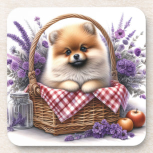 Pomeranian Puppy Dog Watercolor Wildflower Picnic Coaster