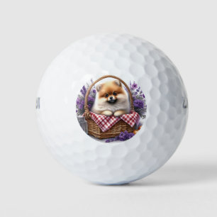 Pomeranian Puppy Dog Watercolor Wildflower Picnic Golf Balls