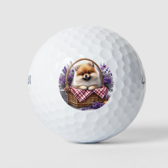Pomeranian Puppy Dog Watercolor Wildflower Picnic Golf Balls (Front)