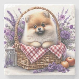 Pomeranian Puppy Dog Watercolor Wildflower Picnic Stone Coaster
