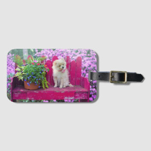 Pomeranian Puppy on Fuchsia Pink Garden Bench Luggage Tag