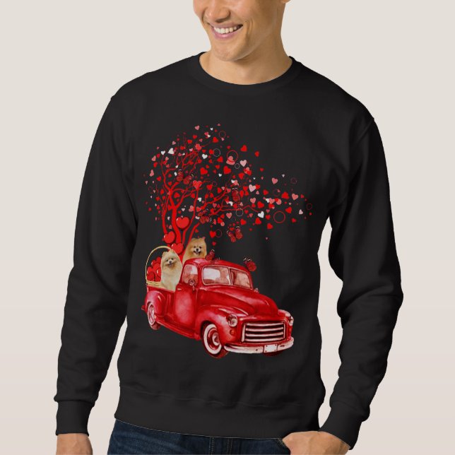 Pomeranian Riding Red Truck Valentine Butterfly He Sweatshirt (Front)
